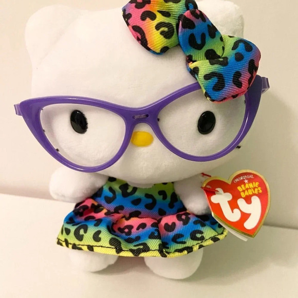 Hello Kitty Ty Beanie Babies Sanrio Plush 6 Inch Purple Glasses Rainbow Dress - Picture 9 of 14